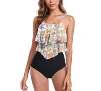 FLYILY Tankini High Waist Damen Zweiteiliger Bikini Set Badeanzug Rüschen Bedruckt Bademode mit Hoher Taille Bikinihose Tankini Oberteil Strandkleidung(4-OrangeFlower,S)