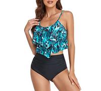 FLYILY Tankini High Waist Damen Zweiteiliger Bikini Set Badeanzug Rüschen Bedruckt Bademode mit Hoher Taille Bikinihose Tankini Oberteil Strandkleidung(3-BlueLeaf,S)