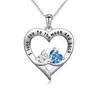 Flyow 925 Sterling Silber Schmuck Graviert I Love You to the Moon and Back Unendlichkeits Zirkonia Herz Halskette, 18 Inches Silver Box Kette (Doppeltes Herz)