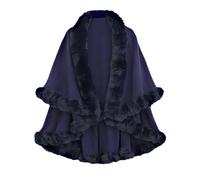 FM2018XSL Damen Winter Umhang Mantel Elegant Kunstpelzkragen Warm Poncho Cape Komfortabel Schal Plüsch Strickjacke (Dunkelblau)