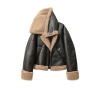Fnfmrfmr Braune Jacke aus Kunstleder für Damen, doppelseitig, dick, warm, Gürtel, Reißverschluss, kurzer Biker-Mantel Brown L
