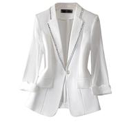 Fnfmrfmr Damen-Blazer, Weiß, 3/4-Ärmel, Strass-Knopf, Schmal, Dünn, Lässig, Büro-Blazer White M
