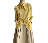 Fnfmrfmr Damen-Blusen Mit Spitzem Kragen, Blaues Hemd Im Französischen Stil, Frühling Und Sommer, Lange Ärmel, Gerade Oberteile Yellow XXL 60-65kg