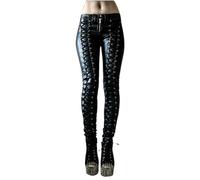 Fnfmrfmr Frauen Vintage Lange Biker Hose Schnüren mit Niet Reißverschluss Gothic PU Leder Bleistift Hose, Schwarz , S