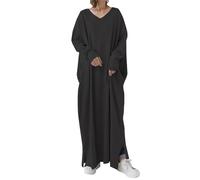 FNKDOR 2023 Herbst Winter Strickkleid Damen Lang Locker V-Ausschnitt Wollkleid Pullikleider Feinstrickkleid (Black, XXXXXL)