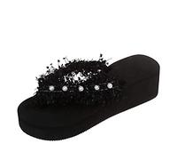 FNKDOR Boho Fransen Strass Flip Flops Hausschuhe Damen Pantoletten mit Plattform Sommer Schuhe Damen Slippers Schwarz 37