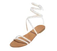 FNKDOR Flach Sandalen Damen Elegant Glitzer Strass Römersandalen mit Knöchelriemchen Braun 39