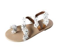FNKDOR Flach Sandalen Damen Sommer Elegant Perlen oder Blumen Clip Toe Boho Römersandalen Weiß#1 41