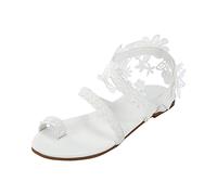 FNKDOR Flach Sandalen Damen Sommer Elegant Perlen oder Blumen Clip Toe Boho Römersandalen Weiß#5 39