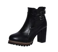 FNKDOR High Heels Chelsea Boots Stiefeletten Damen Leder Plateau Booties mit Absatz und Schnalle Schwarz 42