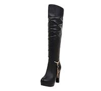 FNKDOR Perlen Fransen Overknees Stiefel Damen Sexy mit Hohem Absatz Leder Elegant Schlupfstiefel Langschaftstiefel Schwarz 37