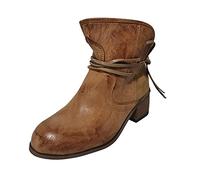FNKDOR Vintage Weitschaft Stiefeletten Damen Leder Booties mit Absatz und Schnürung Braun 40
