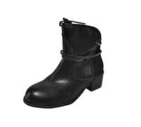 FNKDOR Vintage Weitschaft Stiefeletten Damen Leder Booties mit Absatz und Schnürung Schwarz 41