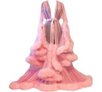 FnnEmg Transparentes Federkleid Langer,durchsichtiges Netz Nachthemd Verführerisches Federgewand Leichtes Nachthemd Atmungsaktive Pyjamas Mit Taillenband Für Liebhaber, Hochzeitsnacht-Pink Rosa||S