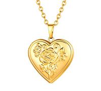 FOCALOOK Damen Mädchen Collier Herz Medaillon zu Öffnen 18k vergoldet Rose Blume Herz Anhänger Halskette Foto Bilder Amulett Floating Locket für Weihnachten Valentinstag