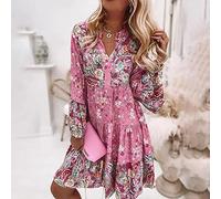 Focisa Damen Vintage Blumenkleid Lässige Glockenärmel V-Ausschnitt Rüschen Loses Kleid Damen Elegant Strand Lose Böhmisches Kleid XL Pink