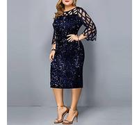 Focisa Elegante Pailletten Langarm Plus Size Damen Midikleid Sexy Casual Abendgesellschaft Kleider Hochzeit Luxus Damen Robe Rouge XXL Navy