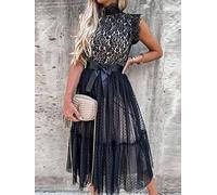 Focisa Frauen-Elegantes V-Ausschnitt-Spitze-Patchwork-festes Partei-Kleid-reizvolles ärmelloses Dame-Mesh-Rüsche-Kleid-nettes Prinzessin-Schnürkleid L 01Schwarz