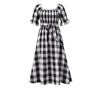 Focisa Neues Kleid Damenmode Karierter Druck Lässig Böhmischer Strand Sexy Schulterfrei Elegant Büro Damen Kleider XXL Schwarz