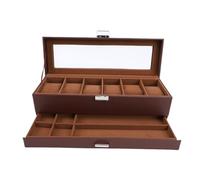 Focket Uhrenbox für Herren, Leder-Uhrenetui mit 6 Fächern, Schublade, herausnehmbaren Kissen und Glasdeckel, 2-stöckige Aufbewahrung für Schmuck und Uhren, Organizer für Damen