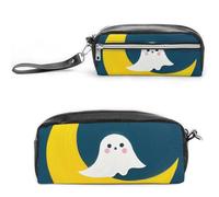FodPand Ghost Sits on The Moon Federmäppchen, Mini-Make-up-Tasche mit Griff, 20 x 9,9 x 5,3 cm, strapazierfähiges, wasserdichtes PU-Leder, große Kapazität, tragbares Federmäppchen für Büro, Reisen