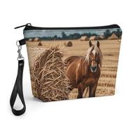 FodPand Kleine Make-up-Tasche mit Griff - PU-Leder-Trinkhalm und Pferde-Kosmetiktasche für Geldbörse, Reisen, Make-Up-Organizer, Kulturbeutel, tragbarer Reißverschluss, Make-up-Tasche für Damen, 22,6