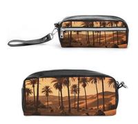 FodPand Mini-Make-up-Tasche mit Griff, Motiv: Plam Baum und Sonnenuntergang, langlebig, wasserdicht, PU-Leder, große Kapazität, tragbares Federmäppchen für Büro, Reisen