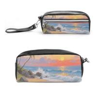 FodPand Mini-Make-up-Tasche mit Griff, Motiv: Sonnenuntergang, Strand, Ozean, 20 x 9,9 x 5,3 cm, strapazierfähiges, wasserdichtes PU-Leder, große Kapazität, tragbares Federmäppchen für Büro, Reisen