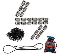 FOGAWA 24 Stück Bartperle Wikinger Rune Perlen Haarperlen Silber Bart Perlen Nordische Bartperlen Einfädler + Gummibänder Set Zubehör für Flechten Armband Halskette DIY Anhänger Schmuck