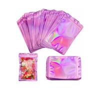 Foil Ziplock Bags, 100pcs Resealable Anti-Odor Food Storage Bags Holographic Packaging Bags Clear Flat Foil Bags (12*18cm, Pink)
