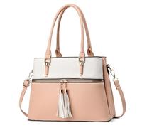 FOLOVEYA Damen Handtasche Elegante Henkeltaschen mit Quasten PU Leder Mode Umhängetasche Große Schultertasche Frau Shopper mit Reißverschluss für Arbeit Einkauf Büro Rosa weiß