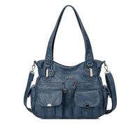 FOLOVEYA Damen Handtasche Retro wasserdichte Umhängetasche Multi-Pocket Damen Geldbörse Einkaufstasche Reise Arbeitstasche Leder PU Blau B
