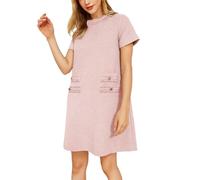 Foonid Damen Tweed-Kleid Kurzarm Rundhalsausschnitt A-Linie Shift Minikleider für Arbeit Hochzeit Party, Helles Pink, Groß