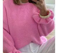 FOR BEAUTY Damen Rosa Rundhals Strickpullover, Rüschenmanschetten Langarm Lockerer Schnitt Weicher Pullover für Herbst Winter Alltag Lässig Büro Stree