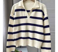 FOR BEAUTY Damen Stricktop im Y2K-Stil für den Herbst, gestreift mit Farbblock, Polo-Kragen, Langarm, halb geknöpfter Cardigan, lässige Mode für die A