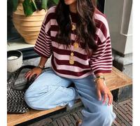 FOR BEAUTY Damen Y2K eleganter süßer rosa & burgunderfarbener gestreifter Kurzarm Rundhals lockerer Strickpullover, Basic Casual Urlaubsstil, Herbst/W