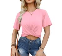 For G and PL Damen Sommer Casual Crop Top Rundhals Kurzarm Bauchfrei T-Shirt mit Twist Croptops XS-XL