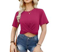 For G and PL Damen Sommer Casual Crop Top Rundhals Kurzarm Bauchfrei T-Shirt mit Twist Croptops XS-XL