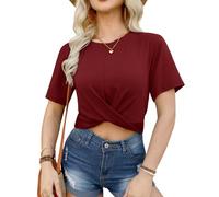 For G and PL Damen Sommer Casual Crop Top Rundhals Kurzarm Bauchfrei T-Shirt mit Twist Croptops XS-XL