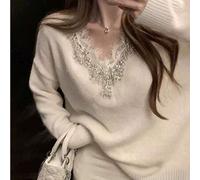 For Love & Bella Damen Herbst/Winter Lässig Elegant Süß Spitze Diamant Dekor V-Ausschnitt Strickpullover, Langarm Warm Weicher Stoff Herbst Urlaub