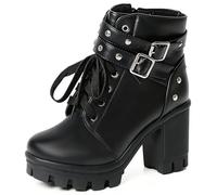FOREADA Gothic-Stiefel mit klobigem Absatz für Damen, knöchelhoch, schwarz, Plateau-Stiefel, Schnalle, Nieten, Punk, Gothic, Schuhe mit Reißverschluss, Dicker Absatz, Schwarz, 39 EU