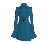 ForeMode Damen-Mantel mit zweireihigem Swing-Wollmantel mit Gürtelschnalle, mittellang, langärmelig, Revers, Outwear, Hell, blau, X-Large