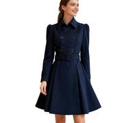 ForeMode Damen-Mantel mit zweireihigem Swing-Wollmantel mit Gürtelschnalle, mittellang, langärmelig, Revers, Outwear, Marineblau, Medium