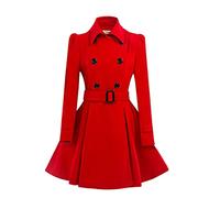 ForeMode Damen-Mantel mit zweireihigem Swing-Wollmantel mit Gürtelschnalle, mittellang, langärmelig, Revers, Outwear, Rot/Ausflug, einfarbig (Getaway Solids), S