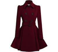 ForeMode Damen-Mantel mit zweireihigem Swing-Wollmantel mit Gürtelschnalle, mittellang, langärmelig, Revers, Outwear, Weinrot, S