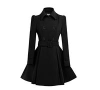 ForeMode Damen Swing Zweireihiger Wolle Erbsenmantel mit Gürtelschnalle Frühling mittellange lange Ärmel Revers Kleider Outwear, Schwarz5, Small