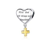 FOREVER QUEEN Kreuz-Anhänger aus 925er Sterlingsilber, mit Gott und allen Dingen sind möglich, religiöses Herz, baumelnd, passend für europäische Armbänder, Sterling-Silber