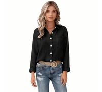 Forhome Schwarze Leinenbluse Damen Langarm,Elegante Musselin Bluse mit Taschen & Revers, Weiche Baumwoll-Bluse für Frühling, Sommer & Herbst, Einfarbiges Button-Down Hemd