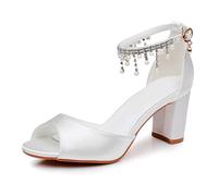 HIKKWXVN Formale Damen-Sandalen mit Blockabsatz und hohem Absatz, Elegante Brautjungfern-Absätze für Partys, für Heimkehr-Ballschuhe,Weiß,37 EU