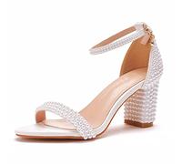 Formale Damen-Sandalen mit Blockabsatz und hohem Absatz, Elegante Brautjungfern-Absätze für Partys, für Heimkehr-Ballschuhe,Weiß,37 EU